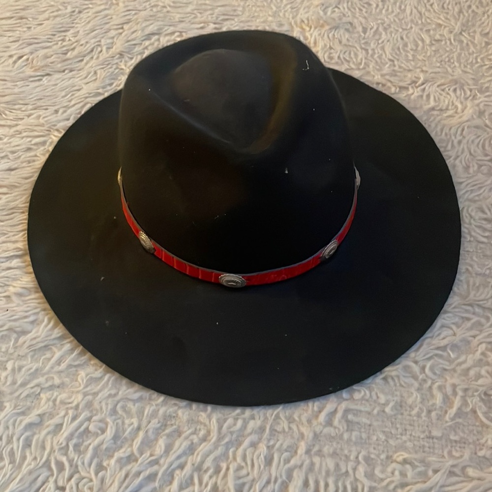 Men’s black Felt hat trimmed with red leather and silver detail worn once